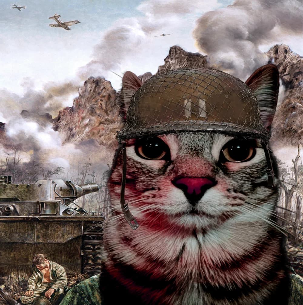 A tabby cat in a soldier's helmet, front and centre in a battlefield trench, with a tank and aircraft behind it